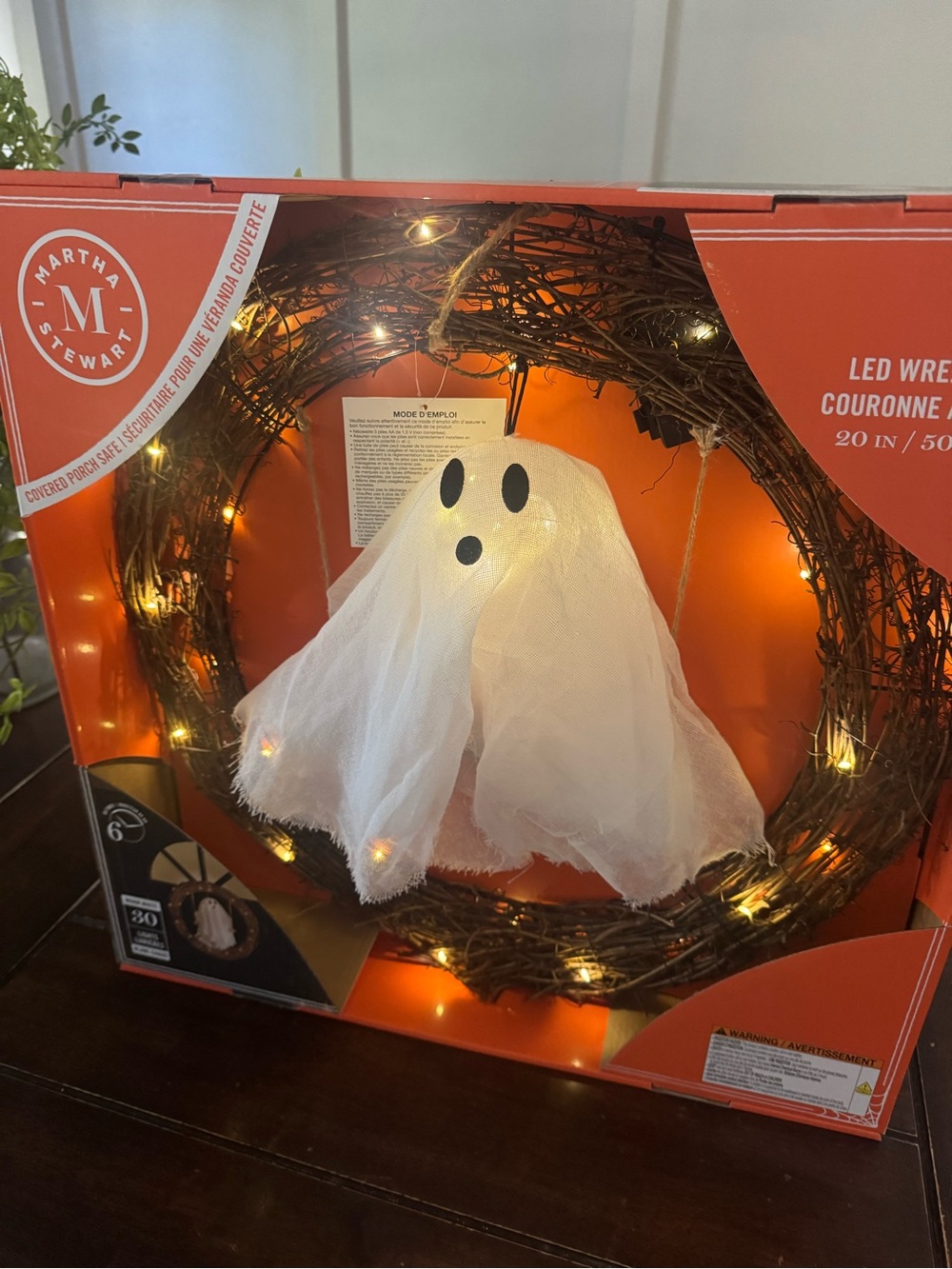 Martha Stewart Brown Grapevine LED Wreath with White Hanging Ghost
